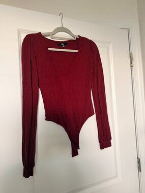 Lulus Burgundy V Neck Long Sleeve Bodysuit Wine Fitted Top (Small)